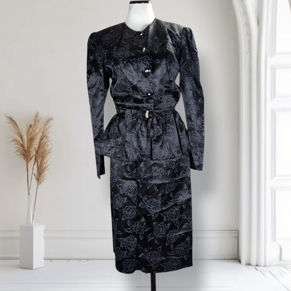 Vintage 80s Deadstock Black Floral Satin Peplum Skirt Suit Rhinestone Size 6